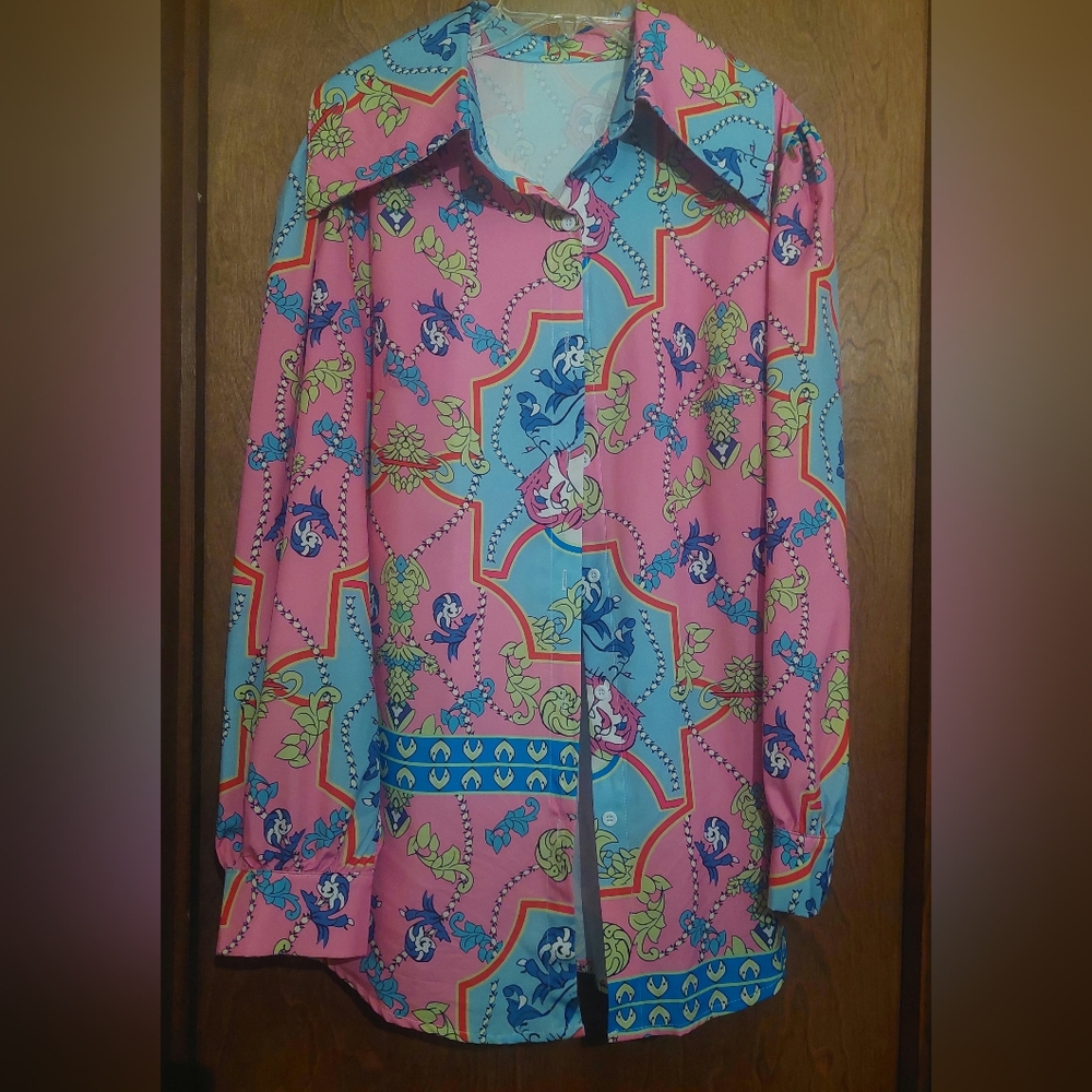 Vibrant Pink & Blue Button Down Shirt P2P 19', 35% POLYESTER, 65% COTTON, nwot